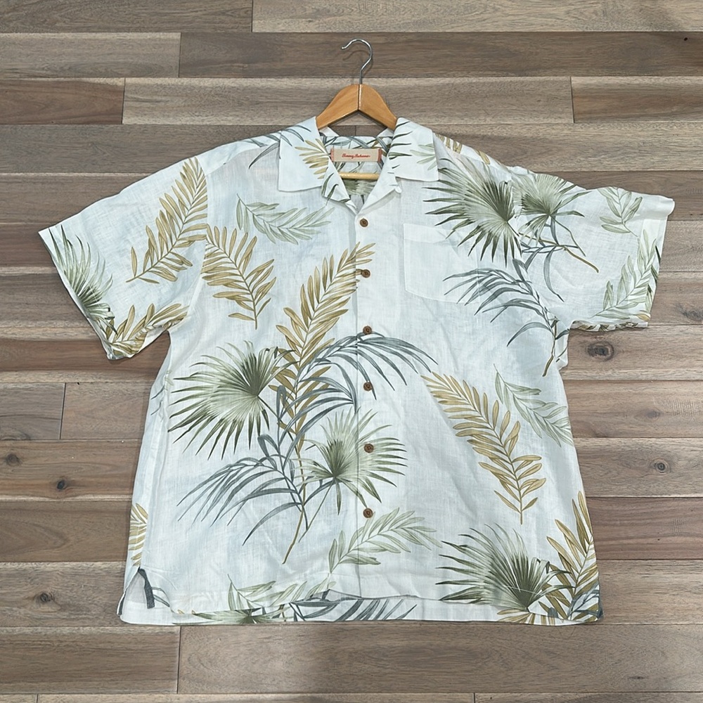 Tommy Bahama Green and Tan leaf print Button Down Shirt
